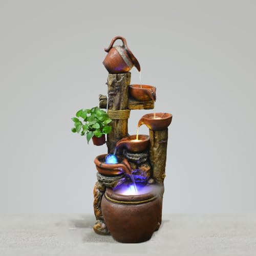 Rustic Rock Water Fountain with LED Lights and Planter Accents – Indoor/Outdoor Cascading Waterfall Feature for Home or Garden Decor(2088)