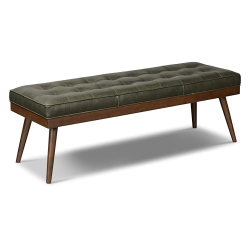 POLY & BARK 55" Tufted Leather Bed Bench for Bedroom End of Bed - Living Room Entry Way Bench - Pure Italian Leather Upholstery with a Solid Wood Frame - Ottoman Bench with Wooden Legs - Olivine Green