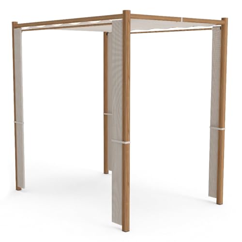 SANDAZE Outdoor Patio Gazebo with Curtains, Weather-Resistant Wood-Look Steel Frame Canopy Cabana, All-Weather Backyard Pavilion for Garden, Poolside, Deck