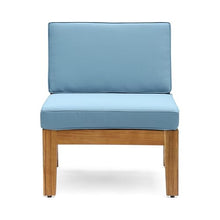 Christopher Knight Home Grena Outdoor Acacia Wood 4-Seater Sectional Set with Ottoman and Coffee Table Teak + Blue