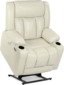 UOPYNE Dual Motor Oversized Power Lift Recliner Chair for Elderly, Heavy Duty Leather Recliner with Heat and Massage, Cup Holders, Cream White Upholstered Comfort Lounge Sofa