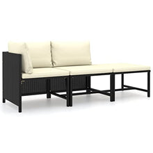 HKQWPBF 3 Piece Poly Rattan Patio Lounge Set with Cushions and Footstool, Outdoor Modular Seating with Removable Washable Covers, Black