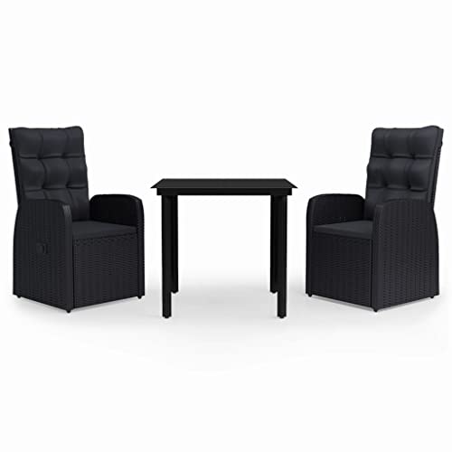 LKJephalotrope 3 Piece Patio Dining Set, Reclining Outdoor Bistro Table and Chairs with Black Cushions, PE Rattan Wicker Dining Table and 2 Recliner Chairs for Garden Backyard