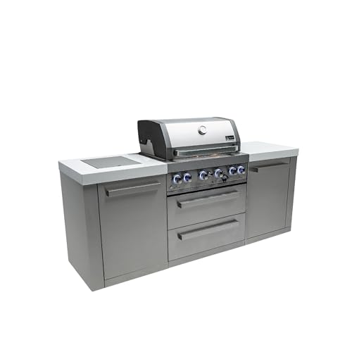 Mont Alpi Premium 82"W x 23"D Stainless Steel Modular Outdoor Kitchen Island with Infrared Side and Rear Burners + 32"W 4-Burner BBQ Gas Grill + White Granite Countertops + Storage Cabinets + Drawers