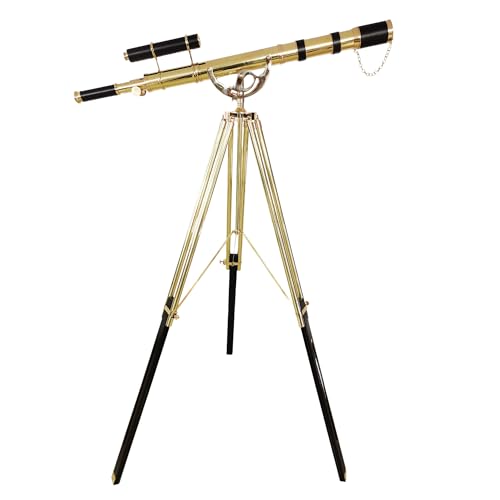 NAVIROCK Royal Vintage Double Barrel Brass Telescope with Black Leather & Adjustable Wooden Tripod Shiny Brass