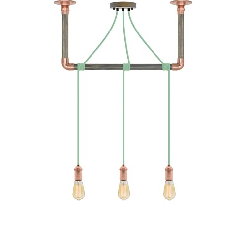 Mint and Copper Pendant Light Wrapped Grey Wood and Copper 24" Ceiling Bracket - Hangout Lighting - 3 Pendants