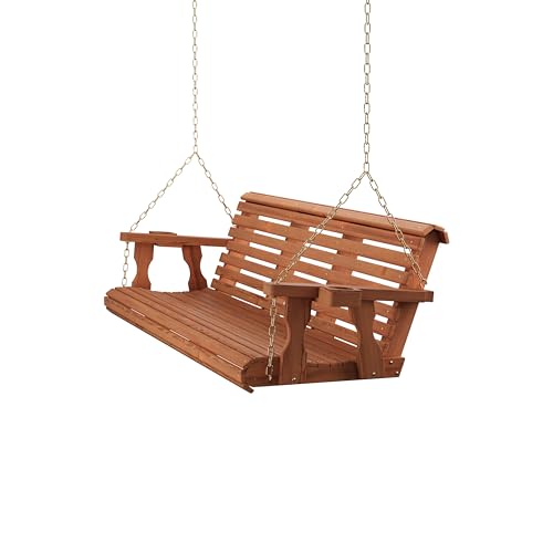Amish Casual Heavy Duty 700 Lb Capacity Porch Swing with Cupholders (6 Foot, Cedar Stain) – Wooden Outdoor Roll Back Swing with Hanging Chains – Amish Made in the USA