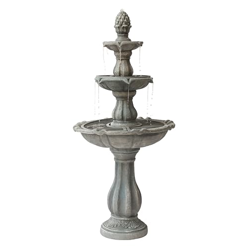 XBrand 51 Inch 3 Tier Outdoor Freestanding Waterfall Fountain with Pump and Pineapple Finial, Decorative Resin Garden Water Feature for Patio, Yard, Lawn, and Backyard Decor, Gray
