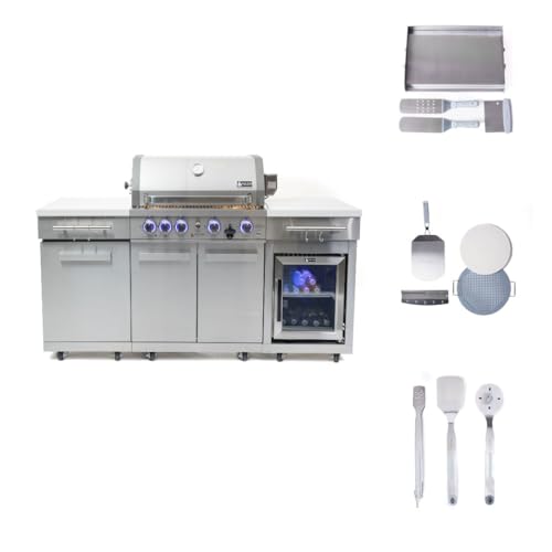 Mont Alpi Premium 70" W Stainless Steel Outdoor Kitchen Island with Refrigerator + 32" W 4-Burner BBQ Gas Grill + Universal Flat Top Griddle + Pizza Peel + Cleaning Brush + Spatula + Cutter + Scraper