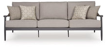 Signature Design by Ashley North Island Modern Nuvella Weather Resistant Outdoor Sofa with Cushion, Sloped Arms and 4 Accent Pillows, Gray