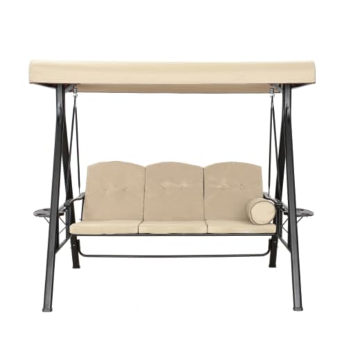 3-Seat Outdoor Patio Swing Chair, Swing Glider with Canopy Porch Swing, Weather Resistant Steel Frame Cup Holders Cushions, Adjustable Tilt Canopy, Beige