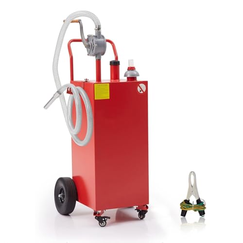 50 Gallon Fuel Tank with Pump, Heavy Duty Portable Gasoline Tank with Roller/Hose/Fuel Transfer Storage Tank for Cars, Trucks, Motorcycles and ATVs, Red