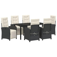 Modern 7-Piece Black Poly Rattan Garden Dining Set with Cushions, Outdoor Patio Furniture Set with Tempered Glass Table for 6, All-Weather Wicker Dining Table and Chairs for Backyard, Deck, Poolside