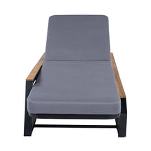 Merax 4-Piece Outdoor Patio Adjustable Chaise Lounge Set, Black Iron Frame with Teak Wood Armrests, Grey Waterproof Fabric Cushion, 500 lbs Capacity, Reclining Lounger for Poolside, Backyard
