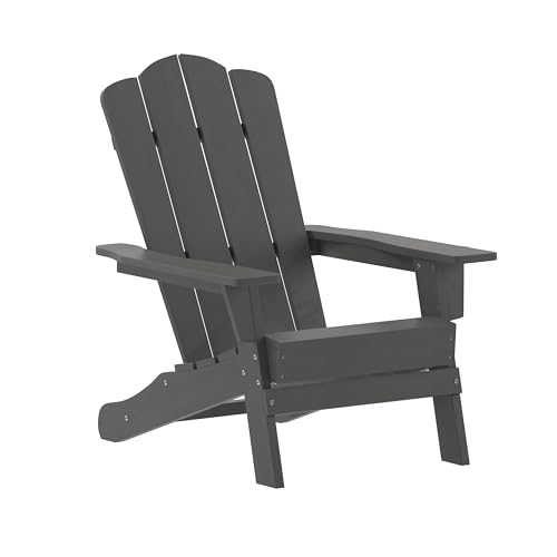 Flash Furniture Newport Adirondack Chairs with Cup Holders, Weather Resistant Poly Resin Adirondack Chairs, Set of 4, Gray