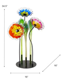 Dale Tiffany AS23093 Fiore Bloom Hand Blown Glass Flower Petal Art Glass Sculpture with Metal Stand for Indoor Garden Patio Decoration, Multi Color, 3-Plate 34.5" Tall