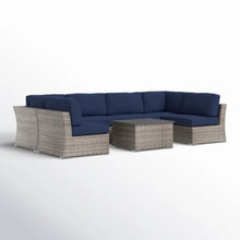 Hassyee Outdoor Sectional Sofa Set with Coffee Table and UV Resistant Frame for Poolside, Backyard, Patio Furniture Set with Dark Blue Cushions for Lawn, Balcony, Garden