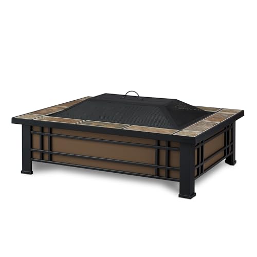 Real Flame Hamilton 44" Rectangle Steel Patio Wood Burning Outdoor Fire Pit, Portable Fire Pit for Backyard. Includes Spark Screen, Poker, Log Grate, and Storage Cover.