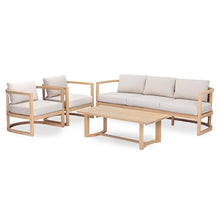 Merax 4 Piece Rattan Woven Paito Conversation Set, All-Weather Acacia Wood 3 Seater Sofa,2 Club Armchairs with Cushions, 1 Coffee Table for Porch, Lawn, Backyard, Balcony, Light Teak