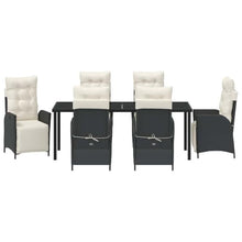 LPERTGFHU 7 Piece Garden Dining Set, Black Poly Rattan Patio Furniture with Adjustable Footrests, 6 Chairs and Tempered Glass Table for Backyard Outdoor Seating