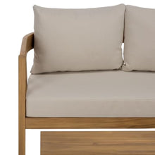 SAFAVIEH Outdoor - Owen Bench + Table Set - Oak Solid Wood & Ivory Cushion - Weather Resistant - Ideal for Patio, Deck, Backyard (PAT7086B)