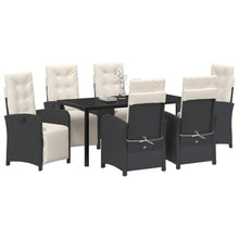 Modern 7-Piece Black Poly Rattan Garden Dining Set with Cushions, Outdoor Patio Furniture Set with Tempered Glass Table for 6, All-Weather Wicker Dining Table and Chairs for Backyard, Deck, Poolside