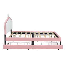 Brisca PU Upholstered Princess Bed with Crown Headboard and Storage, White+Pink