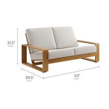 Modway Lirienne Aluminum Faux Wood Outdoor Loveseat in Ivory Natural - Weather-Resistant Modern 2-Seater Patio Couch with Removable Woven Fabric Cushions