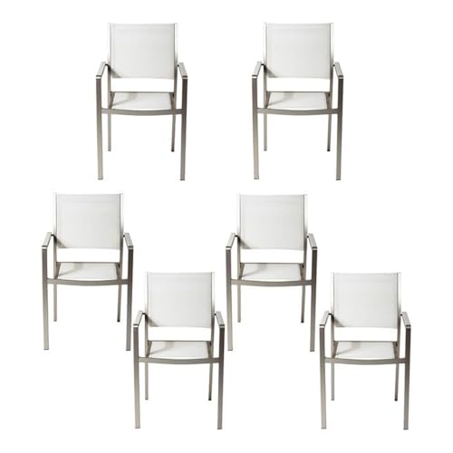 Pemberly Row Aluminum Patio Dining Chairs, Stackable Set of 6, Gray/White Finish, Durable Textilene Mesh, Modern Style Outdoor Seating, 34" H x 21" W x 21" D, Rust-Resistant Frame