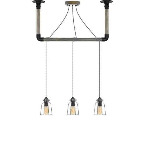 Grey and Black Steel Cage Pendant Light Pipe Wrap with Grey Wood and Black Hanging Bracket - Hangout Lighting - 3 Pendants