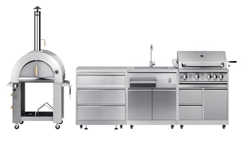 KoolMore Outdoor Kitchen Series Modular Kitchen with a Dual Fuel Pizza Oven, 3 Drawer Cabinet, Sink, 30 in. BBQ Grill and Cabinet in Stainless-Steel (KM-OKSKIT-CONFIG103)