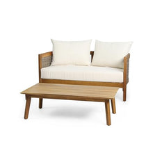 Christopher Knight Home Burchett Outdoor Loveseat and Coffee Table Set with Cushions - Acacia Wood and Rattan - Teak/Mixed Brown/Beige