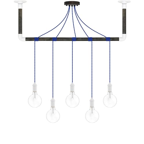Blue and White Pendant Light Wrapped Ebony Black Wood and White Ceiling Bracket - Hangout Lighting - 5 Pendants