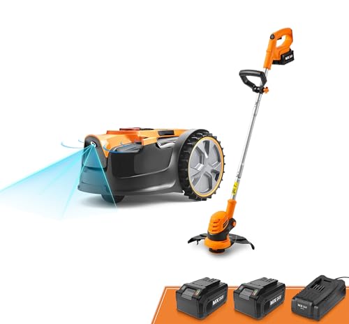 LawnMaster OcuMow Robot Lawn Mower with Cordless 24V MAX 10” Grass Trimmer Combo Kit Perimeter Wire Free for Small Yards 2000-4000 Square Feet Optical Navigation Automatic Obstacle Avoidance Spot Cut
