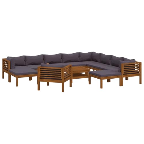 WEHUOSIF 12 Piece Garden Lounge Set with Dark Grey Cushions, Modular Patio Seating for 10 People, Solid Acacia Wood Outdoor Sofa with Oiled Finish