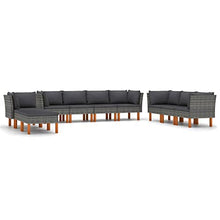KUPTYERFG 10 Piece Outdoor PE Rattan Sectional Sofa Set, Gray Garden Lounge Furniture with Cushions and Eucalyptus Wood Legs for Patio, Backyard and Terrace, Seats up to 8