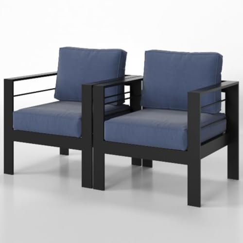 callmego Premium All-Weather Aluminum Outdoor Loveseat with Thick Cushioned Seating and Durable Powder-Coated Frame for Patio or Deck (Black+Blue + Olefin)