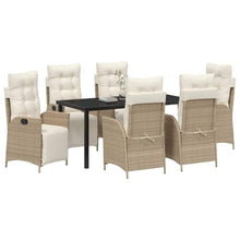 7-Piece Adjustable Outdoor Dining Set with Cushions, Beige Poly Rattan Patio Furniture Set for Garden Backyard, 6-Person Table and Chairs with Tempered Glass Top & Adjustable Footrests