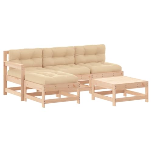 Fisinber 5-Piece Garden Lounge Set Beige Solid Pine Wood Oxford Fabric Modular Outdoor Sectional Sofa Ottoman Coffee Table 24.4"x24.4" for Balcony Patio Backyard Conversation