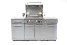 Mont Alpi Premium 70"W x 24"D x 46"H Stainless Steel Compact Outdoor Kitchen Island with 32"W 4-Burner BBQ Grill + Rotisserie Infrared Rear Burner + Storage Cabinets + Granite Countertops + Tool Hooks