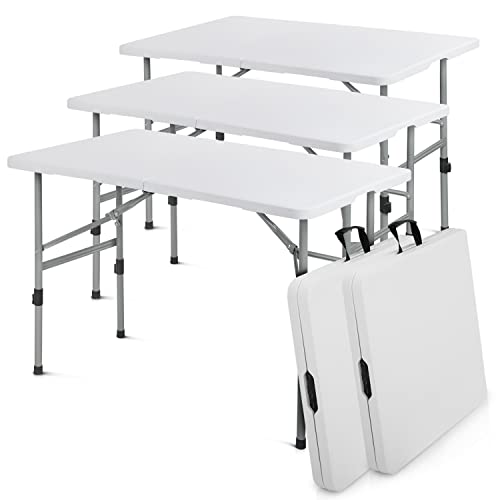 MoNiBloom 4Ft Folding Card Table Set, Outdoor Foldable Portable Plastic Dining Picnic Cookout Table w/Height Adjustable and Handle, Set of 5 White