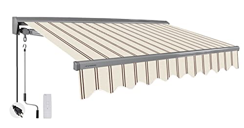 ADVANING Classic Series 10'X8' Electric Retractable Awning, 100% Acrylic UV+ Sun Shade Canopy, Beige w/Brick Red Stripes, EA1008-A332H