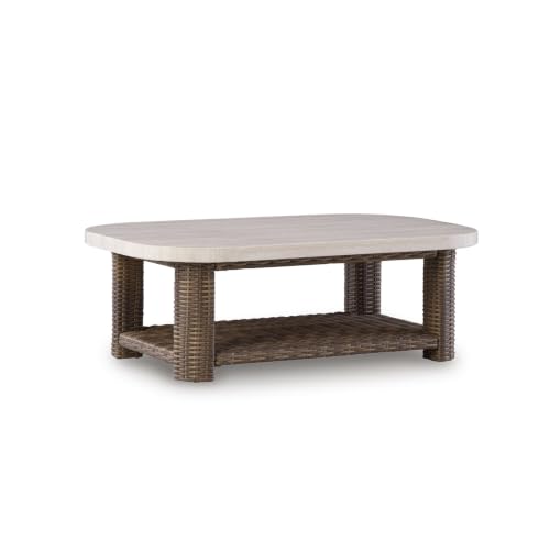 Signature Design by Ashley Angel Island Casual Outdoor Coffee Table with Lower Shelf, Beige & Medium Brown