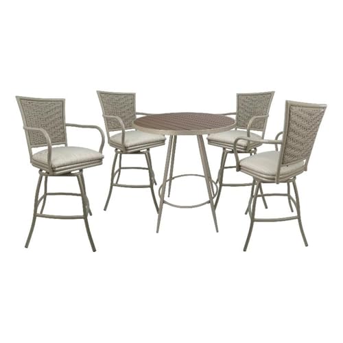 Pemberly Row Outdoor/Indoor Pub Set, 36 in Round Table, 30 in Seat Height Stools with Arms, UV Powder-Coated Beige Metal Frame, Valley Linen Beige Fabric, Durable Bar Height Dining Set for Patio or