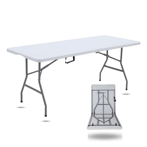 New Home Era 6ft Foldable Heavy Duty Plastic Table - Ideal for Indoor & Outdoor Events: Parties, Picnic, Camping, Weddings, Catering, and Garden Dining - Portable Fold-in-Half Utility Table (White)