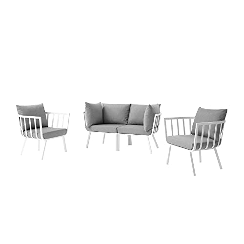 Lounge Sectional Sofa Chair Set, Aluminum, Metal, White Grey Gray, Modern, Outdoor Patio Cafe Bistro