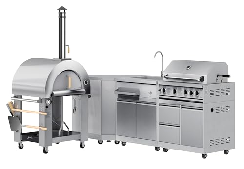 KoolMore KM-OKSKIT-CONFIG105 Outdoor Series Modular Kitchen with a Dual Fuel Pizza Oven, Corner, Sink, 30 in. BBQ Grill and Cabinet in Stainless-Steel, Silver