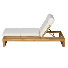 Merax 2 Piece Teak Finish Acacia Wood Chaise Lounge with 4-Inch Beige 4-Fold Cushion Set, Adjustable Outdoor Patio Lounger with Flat Side Surface, for Poolside