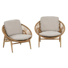 Papasan Style Faux Rattan Patio Lounge Chair w/Removable Cushions for Garden, All Weather Outdoor Accent Chair w/Ergonomic Curved Backrest & Wood Textured Iron Frame for Porch (Set of 2)