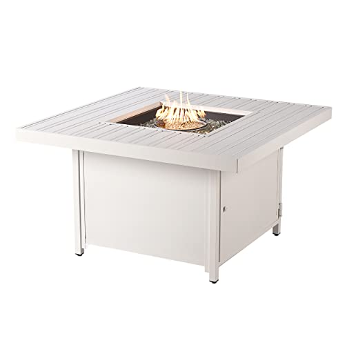 Oakland Living Square 42 in. x 42 in. Aluminum Propane Fire Pit Table with Glass Beads, Two Covers, Lid, 57,000 BTUs in White Finish